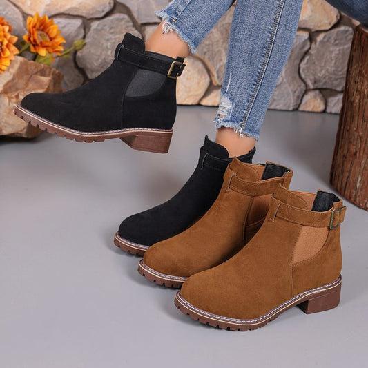 Women’s Elastic Belt Buckle Mid-Calf Martin Boots