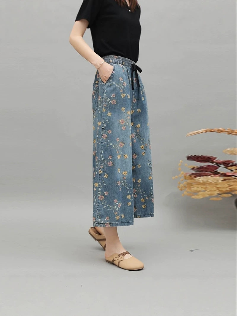 Women’s Printed Wide-Leg Cropped Jeans with Drawstring Waist