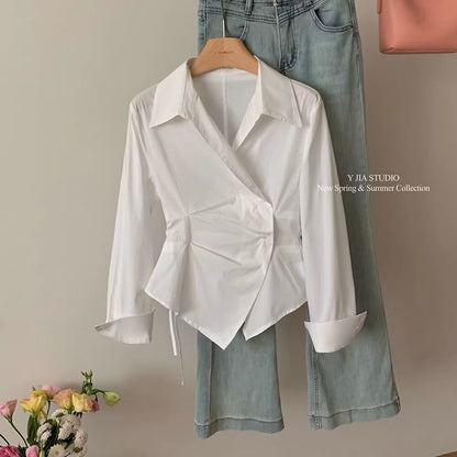 Women’s Korean Style Striped Waist-Cinching Shirt