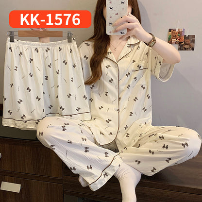 Women’s Korean Style Striped Bow 3-Piece Pajama Set