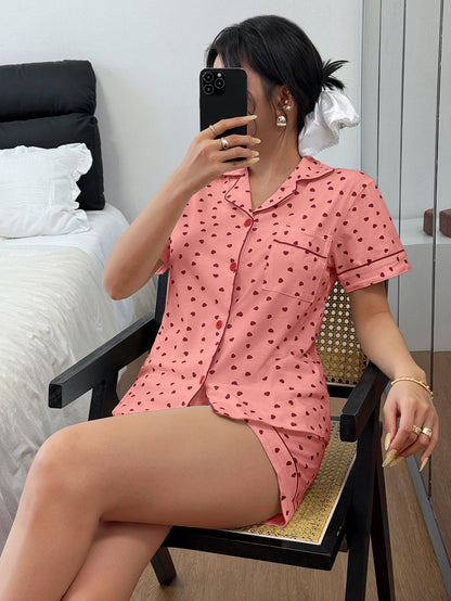 Women’s Cotton Heart Print Pajama Set with Cardigan