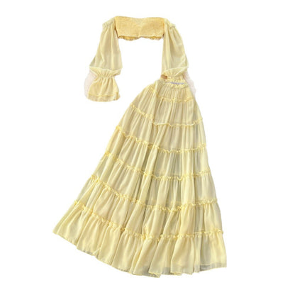 Women’s Off-Shoulder Chiffon Top & Ruffle Midi Skirt Set