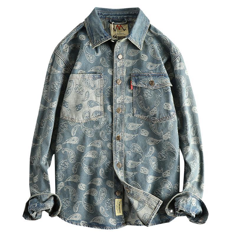Men’s Retro Yarn-Dyed Floral Denim Shirt Jacket