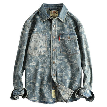 Men’s Retro Yarn-Dyed Floral Denim Shirt Jacket