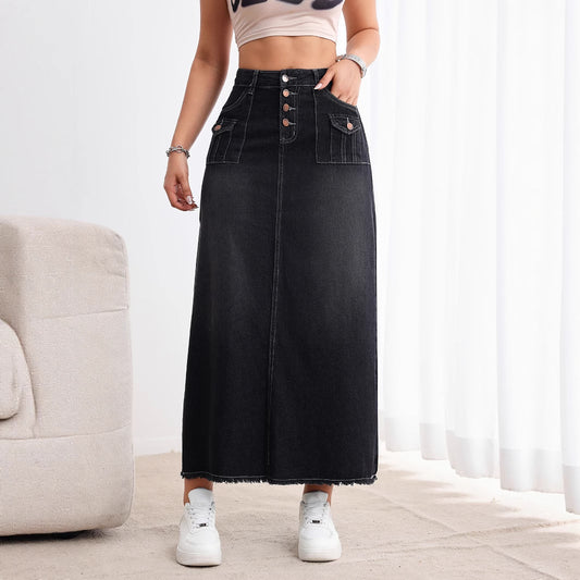 Women’s Vintage Washed Denim Skirt with Multi-Button Front