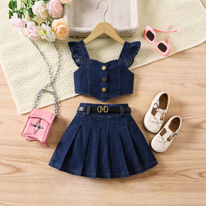 Girls’ Flutter Sleeve Top & Pleated Denim Skirt Set