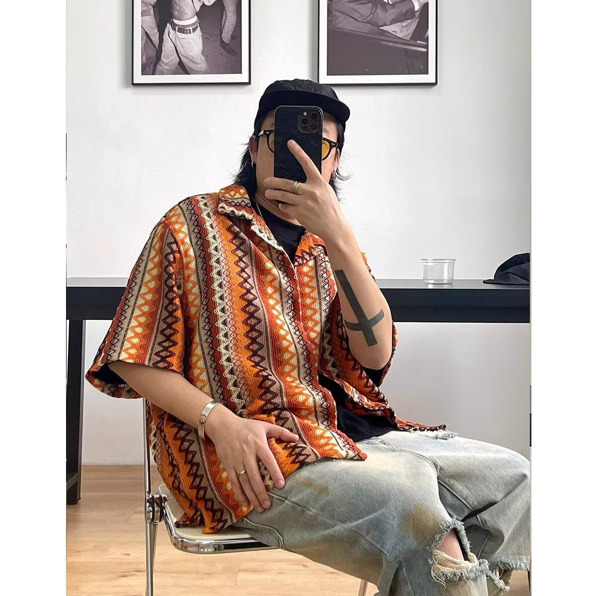 Unisex Bohemian Color-Block Cuban Collar Shirt