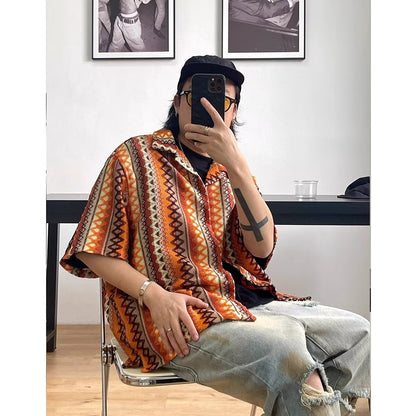 Unisex Bohemian Color-Block Cuban Collar Shirt