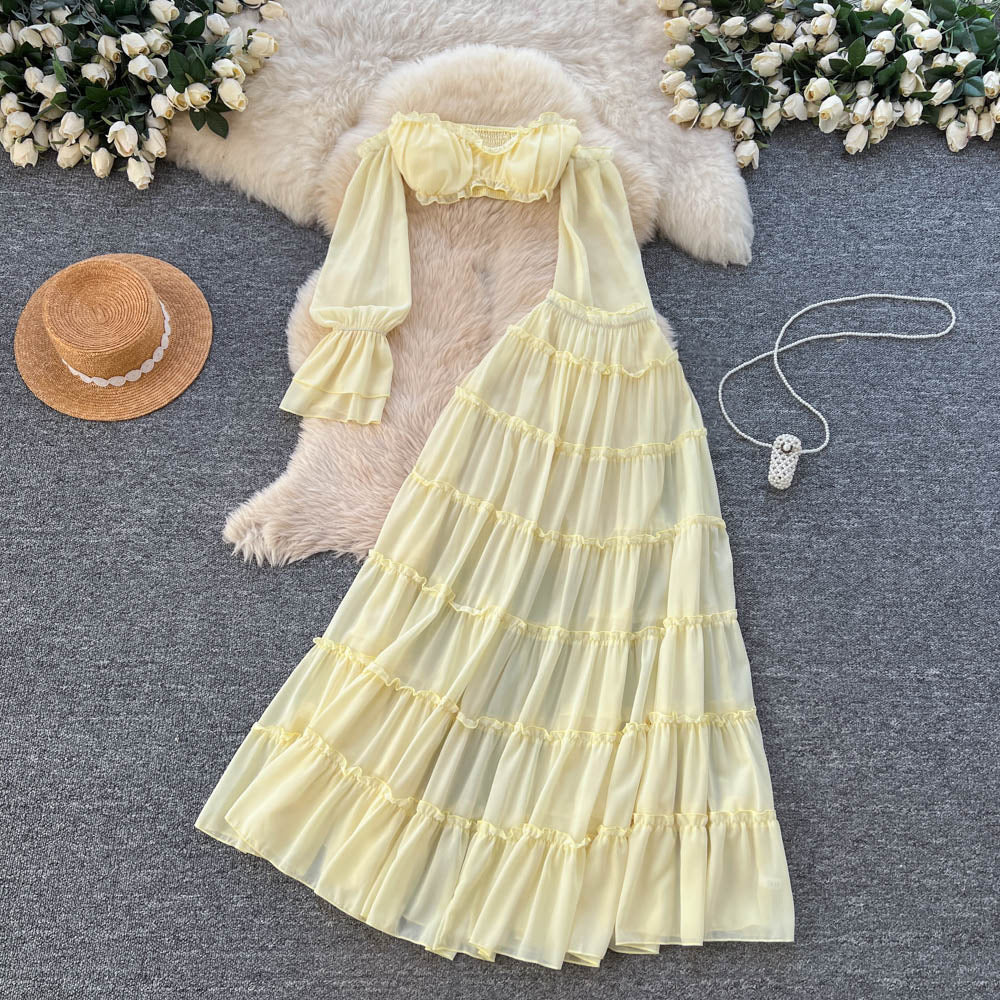 Women’s Off-Shoulder Chiffon Top & Ruffle Midi Skirt Set