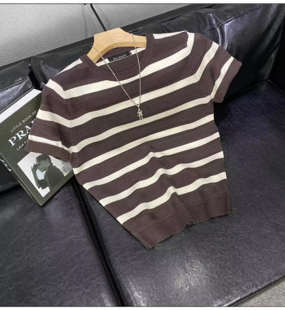 Men’s Ice Silk Striped Color-Block Knit T-Shirt