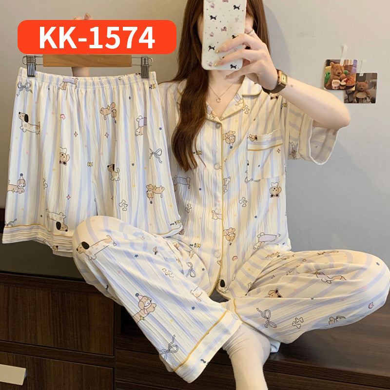 Women’s Korean Style Striped Bow 3-Piece Pajama Set