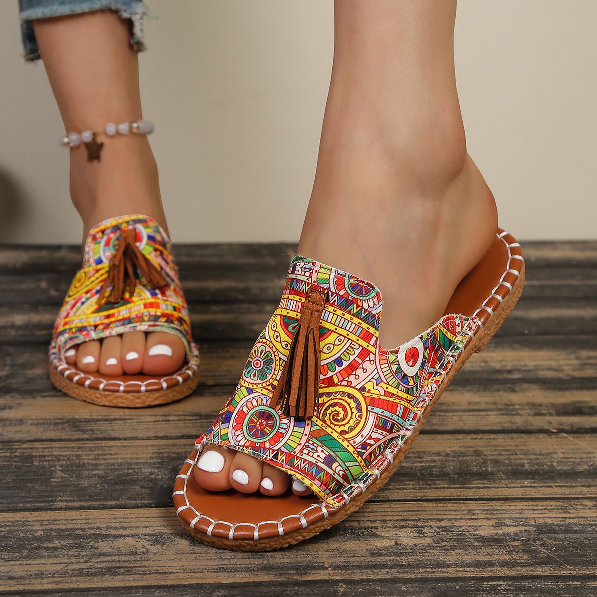 Women’s Tassel One-Strap Flat Beach Slippers