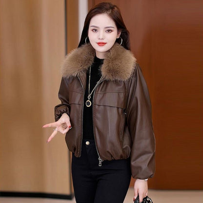Women’s Fur Collar Leather Short Jacket