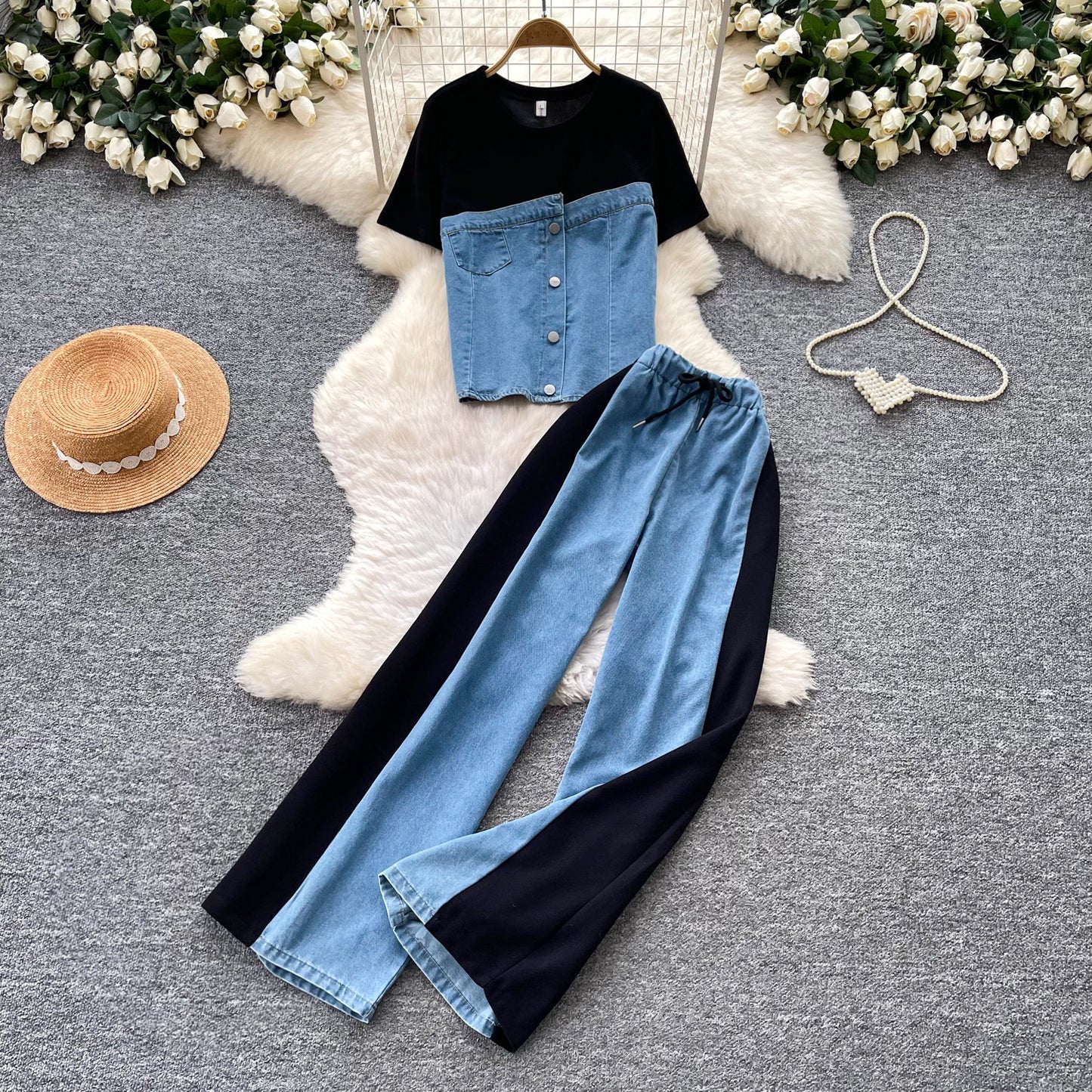 Women’s Retro Denim Two-Piece Wide-Leg Set