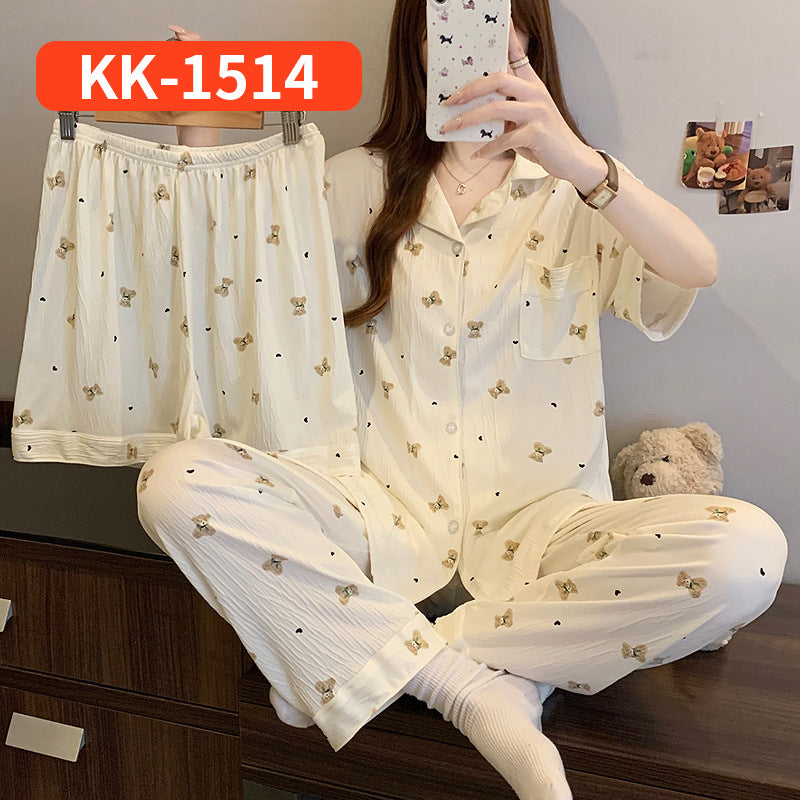 Women’s Korean Style Striped Bow 3-Piece Pajama Set