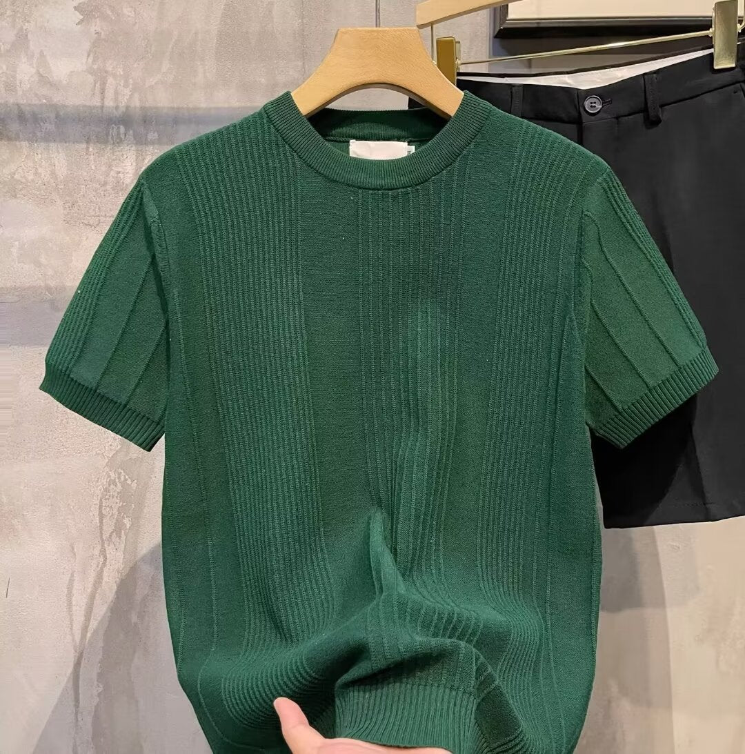 Men’s Vertical Stripe Knitted Short Sleeve T-Shirt
