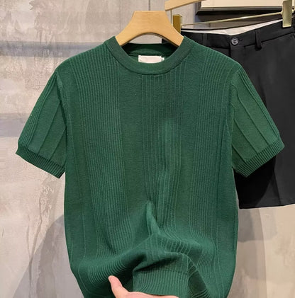 Men’s Vertical Stripe Knitted Short Sleeve T-Shirt