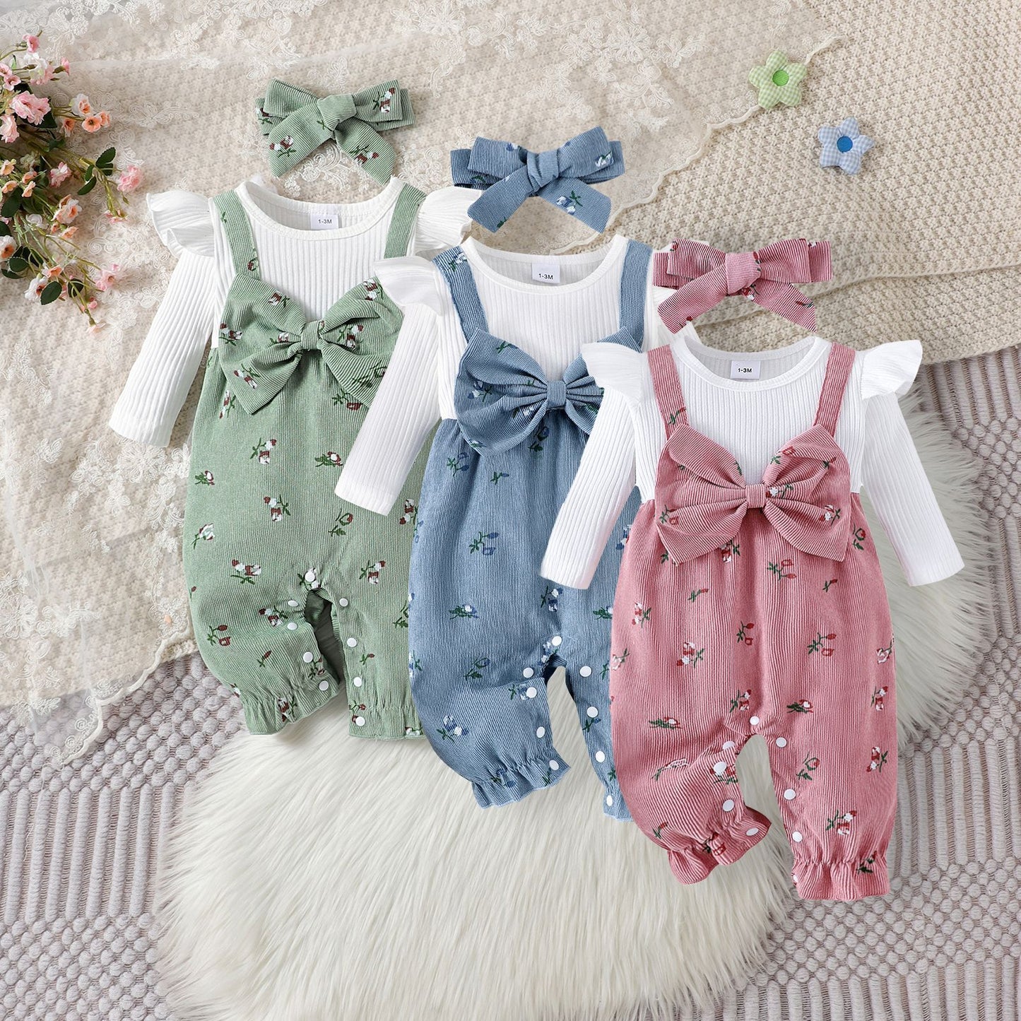 Baby Girls’ Headband, Top & Overall 3-Piece Set