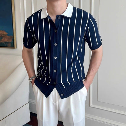 Men’s Striped Knit Short Sleeve Polo T-Shirt