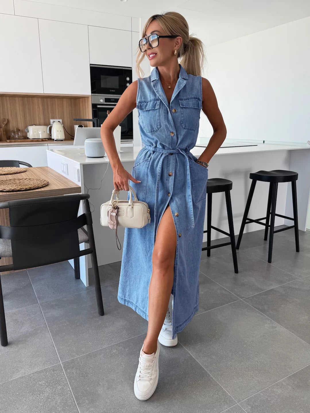 Women’s Sleeveless Lace-Up Waist Denim Dress