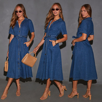 Vintage V-Neck Denim Maxi Dress