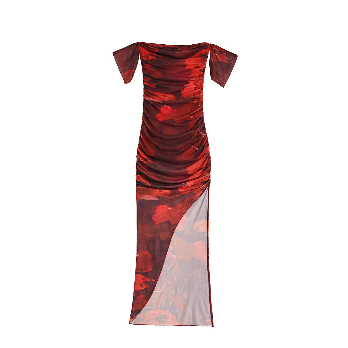 Women’s Off-Shoulder Tie-Dye Mesh Slit Pencil Dress