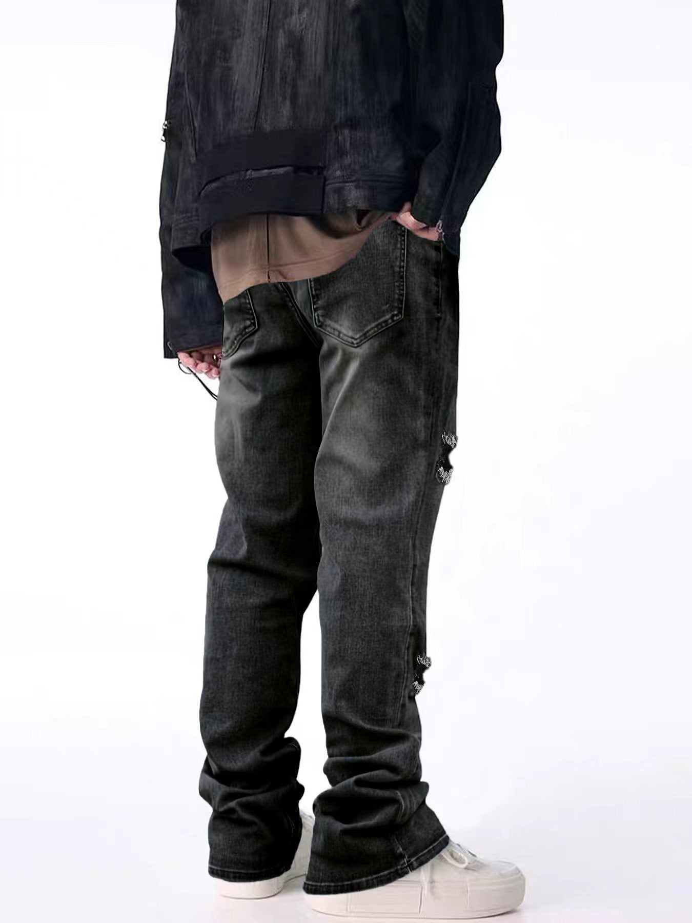 Men’s Ripped Zipper Wash Denim Jeans