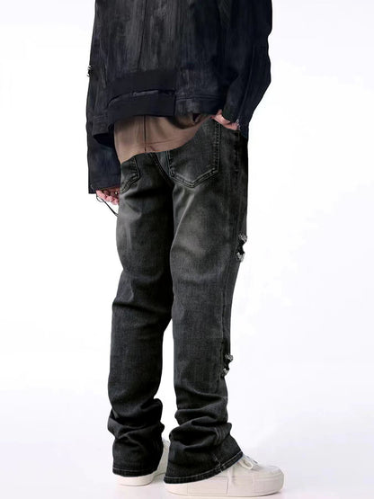 Men’s Ripped Zipper Wash Denim Jeans