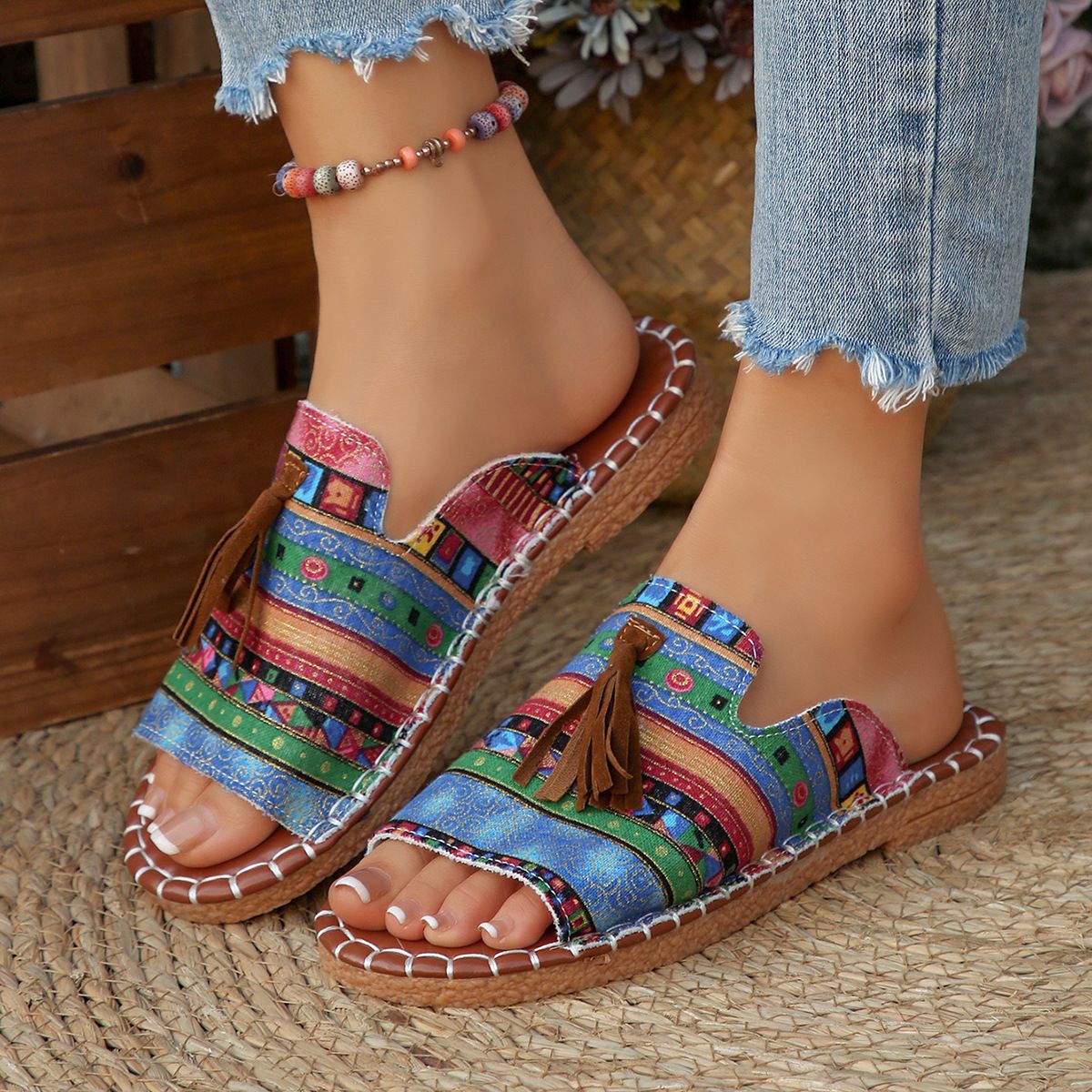 Women’s Tassel One-Strap Flat Beach Slippers