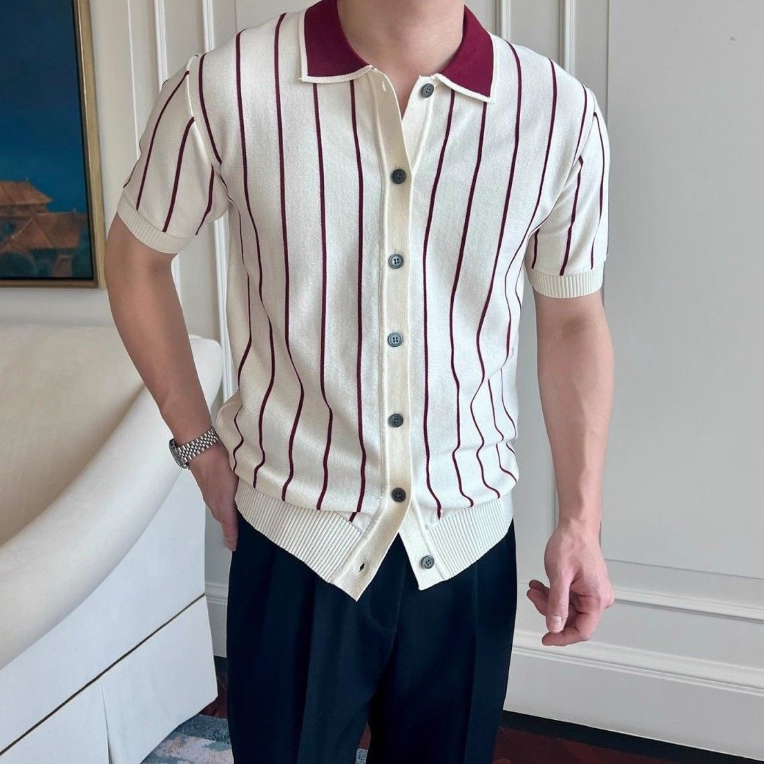 Men’s Striped Knit Short Sleeve Polo T-Shirt
