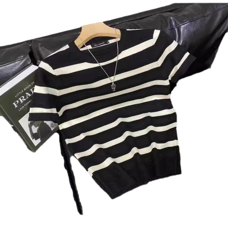 Men’s Ice Silk Striped Color-Block Knit T-Shirt