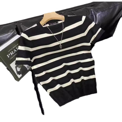 Men’s Ice Silk Striped Color-Block Knit T-Shirt