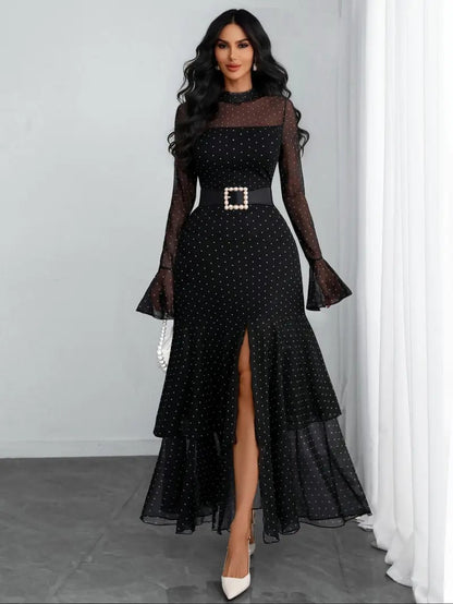 Women’s Semi-High Neck Slit Banquet Maxi Dress