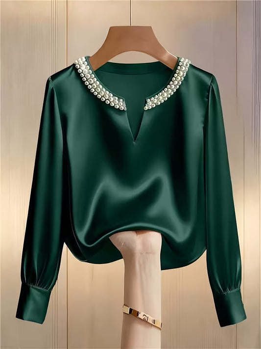 Women’s French Satin Pearl V-Neck Blouse
