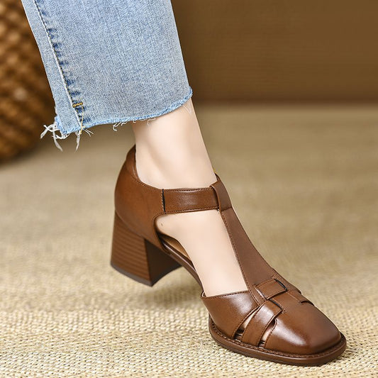 Women’s Square-Toe Chunky Heel Hollow Cage Sandal