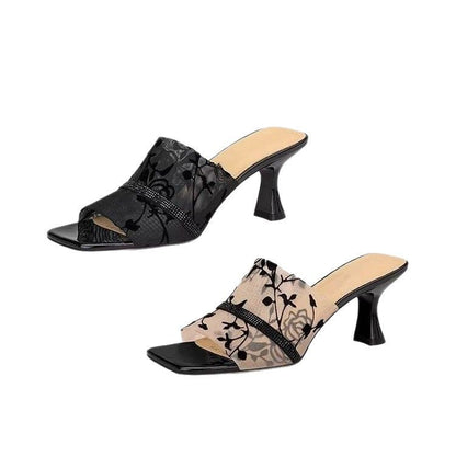 Women’s Rhinestone Lace Mesh High Heel Sandals