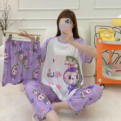 Women’s Double-Sided Milk Silk Cartoon Pajama Set (3-Piece)