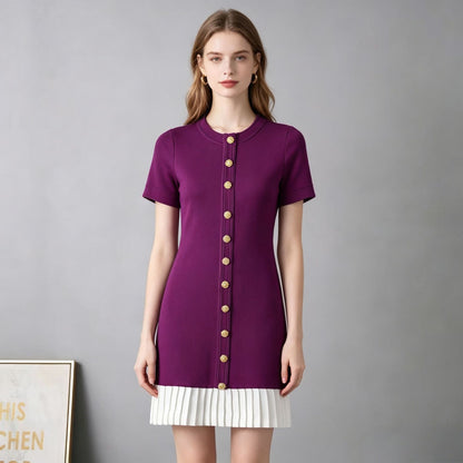 Women’s French Patchwork Knit Pleated Short Sleeve Dress