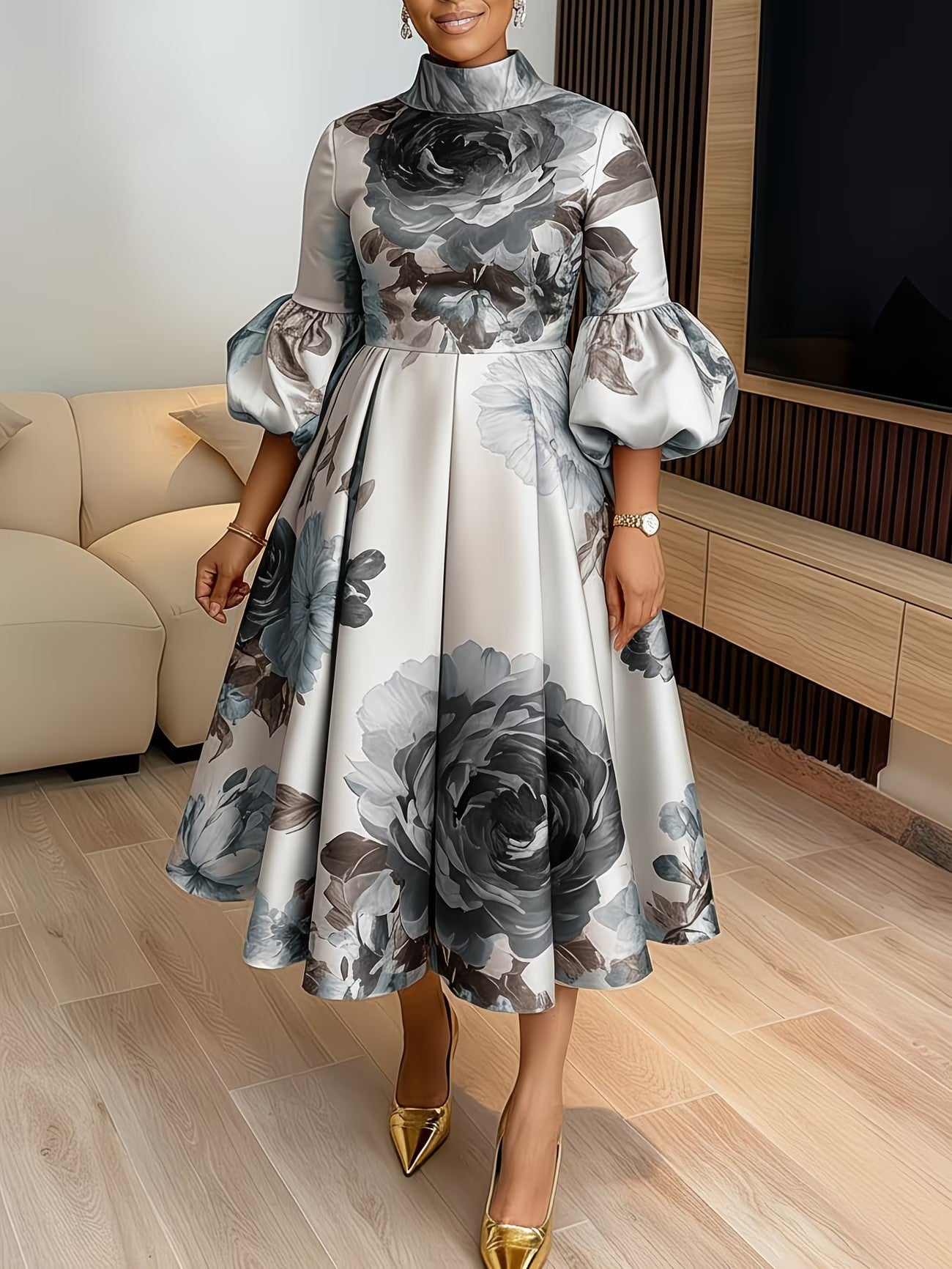 French Vintage Floral Puff Sleeve Dress