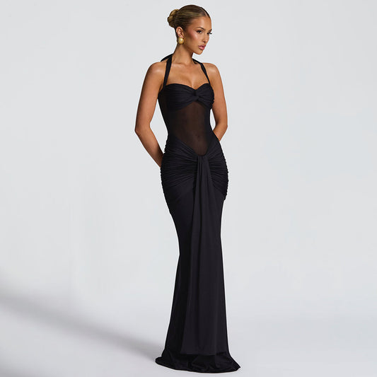 Women’s Halterneck Mesh Splice Maxi Dress
