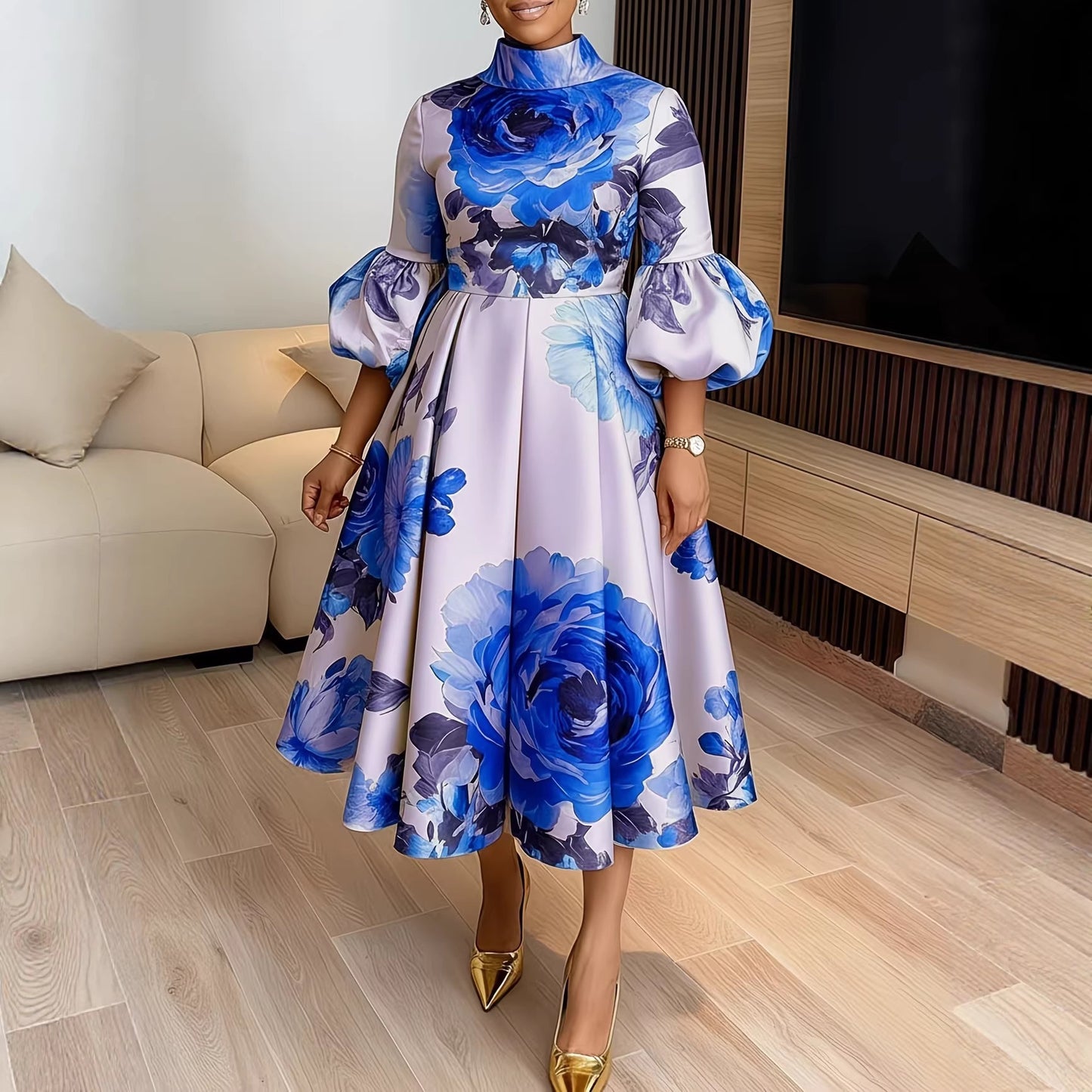 French Vintage Floral Puff Sleeve Dress