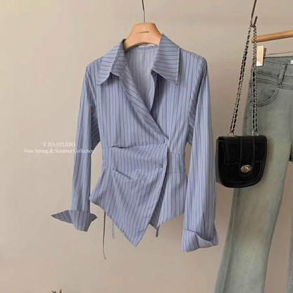 Women’s Korean Style Striped Waist-Cinching Shirt