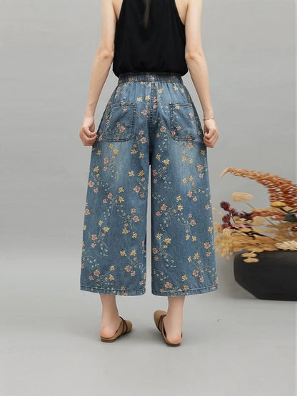 Women’s Printed Wide-Leg Cropped Jeans with Drawstring Waist