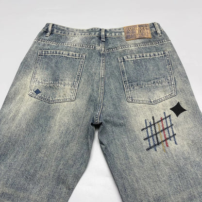 Men’s Heavy Washed Embroidered Patch Straight Jeans