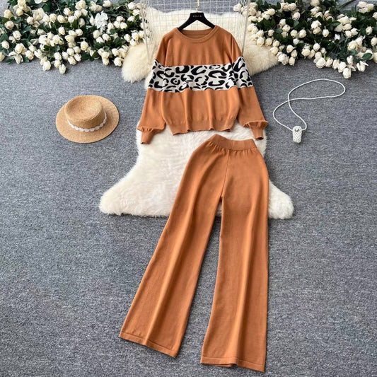 Women’s Leopard Print Knit Top & Wide-Leg Pants Set