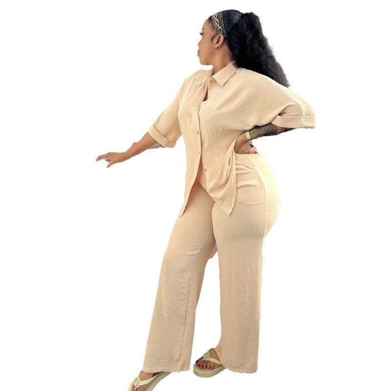 Women’s Casual Loose Shirt & Wide-Leg Pants Two-Piece Set