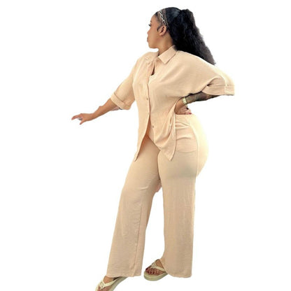 Women’s Casual Loose Shirt & Wide-Leg Pants Two-Piece Set