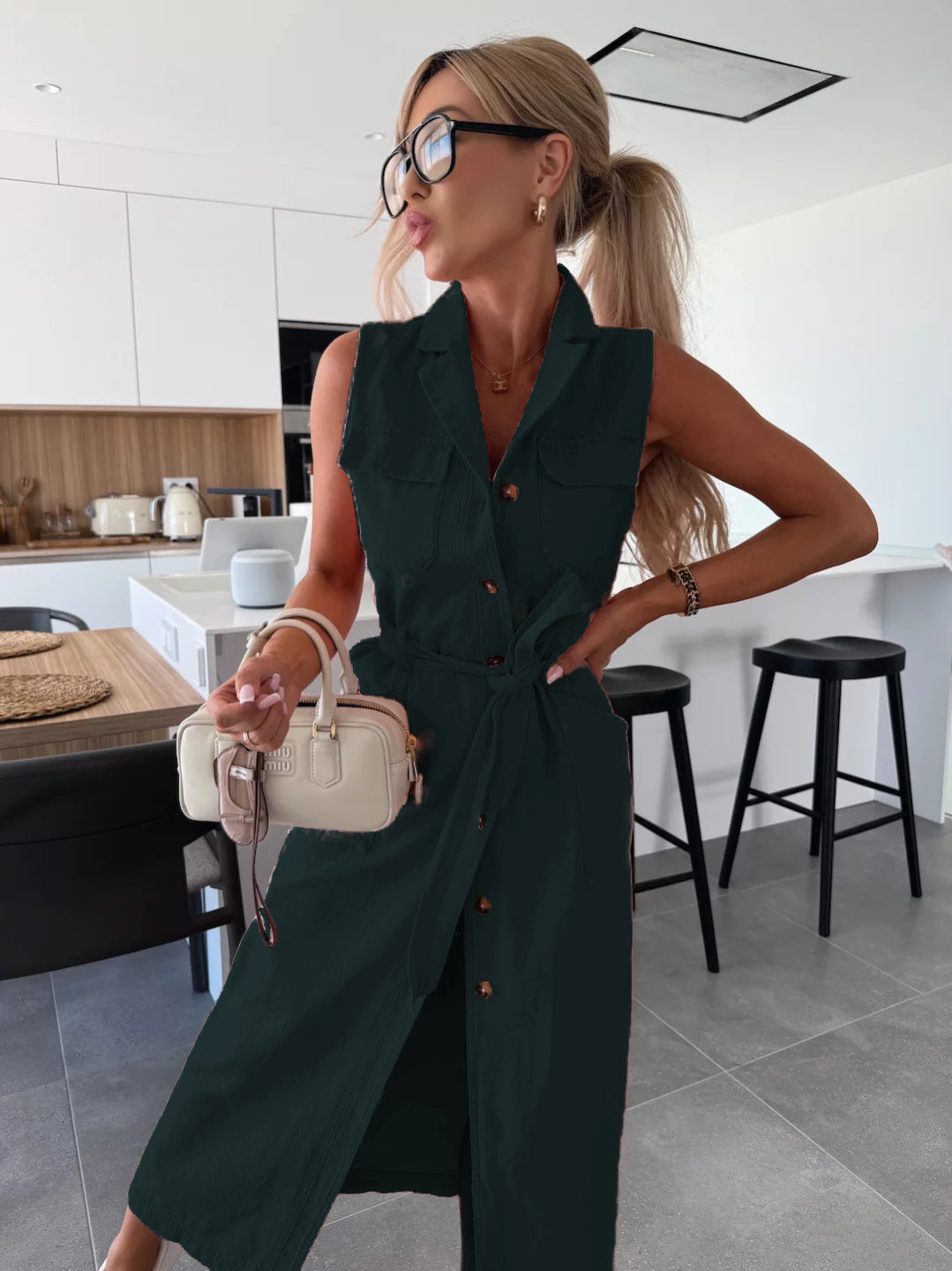 Women’s Sleeveless Lace-Up Waist Denim Dress