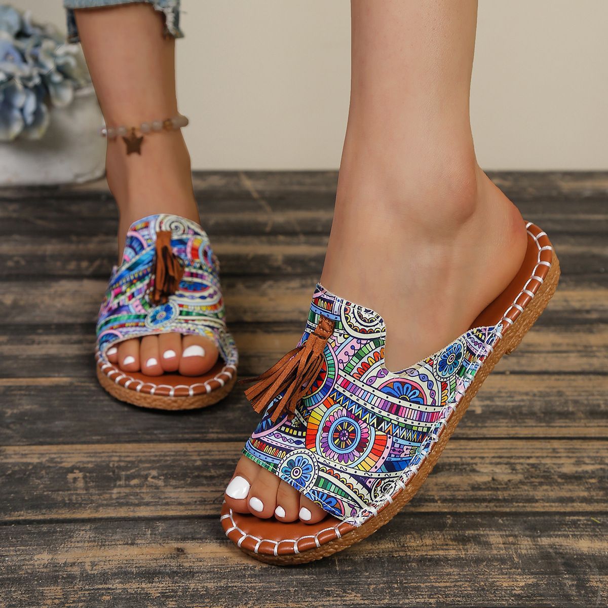 Women’s Tassel One-Strap Flat Beach Slippers