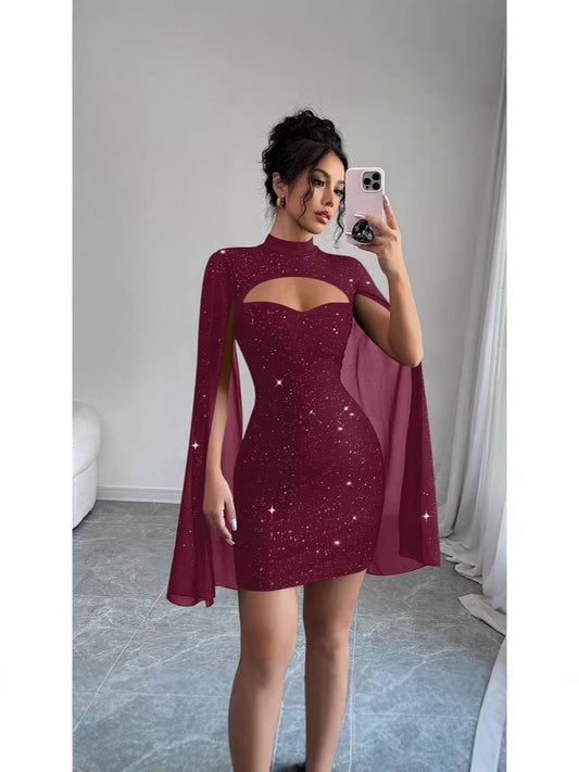 Women’s Gold-Embossed Shawl Sleeve Short Dress